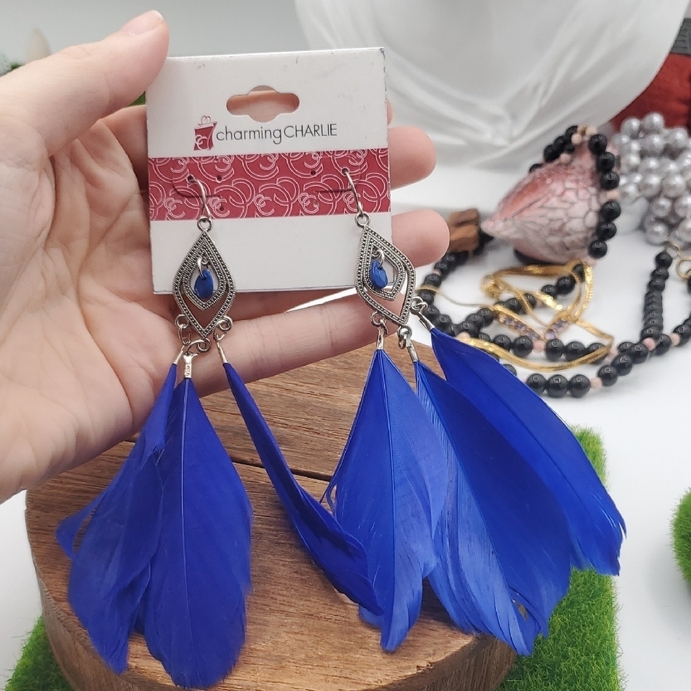 Charming Charlie Royal Blue Feather Earrings E1027